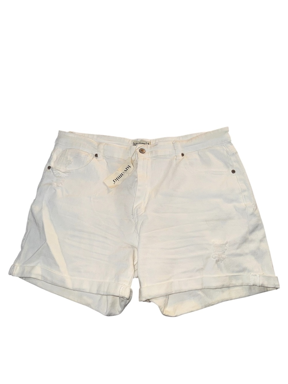 Women's White Ripped Denim Jean Shorts High Rise Distressed Rolled Hem Jeans 2XL